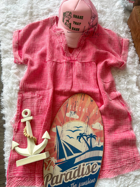 Pink acid washed raw hem v neck dress