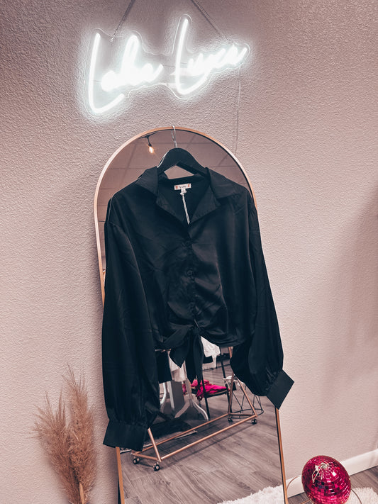 Black satin front tie blouse cropped