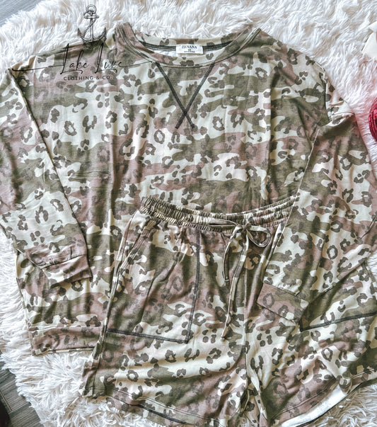 Long sleeve camo cheetah plus lounge set